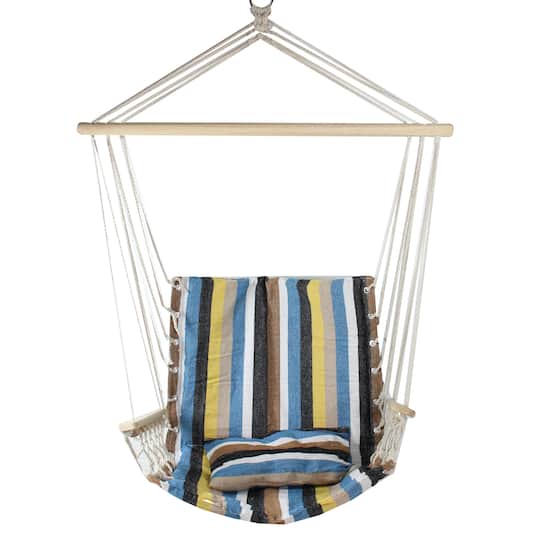 35.25" x 37" Blue, Brown & Yellow Striped Hammock Chair with Pillow & Armrests